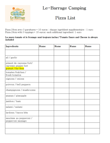 Pizza-Liste zur Bestellung